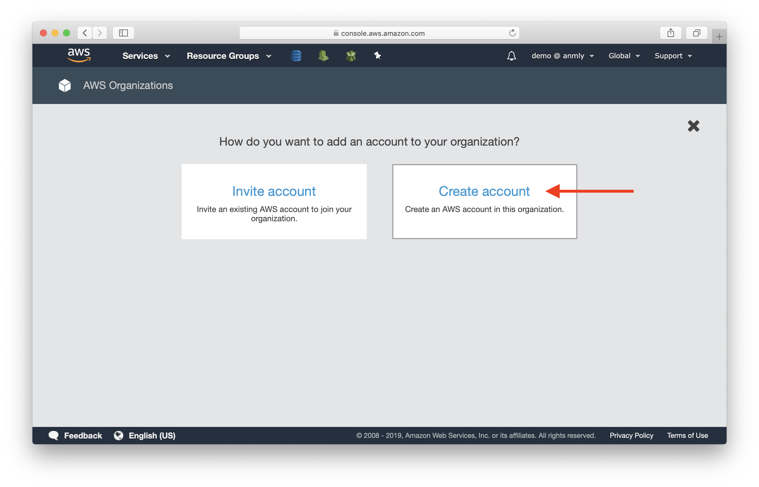 Create account in AWS Organizations