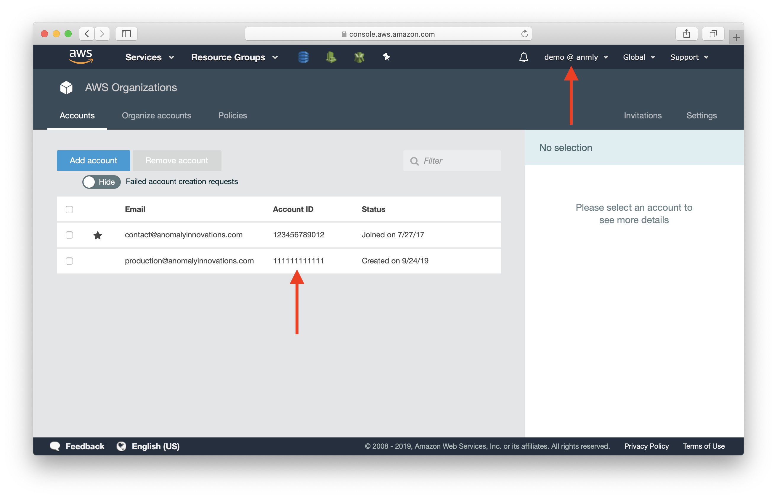 Select account picker in AWS console