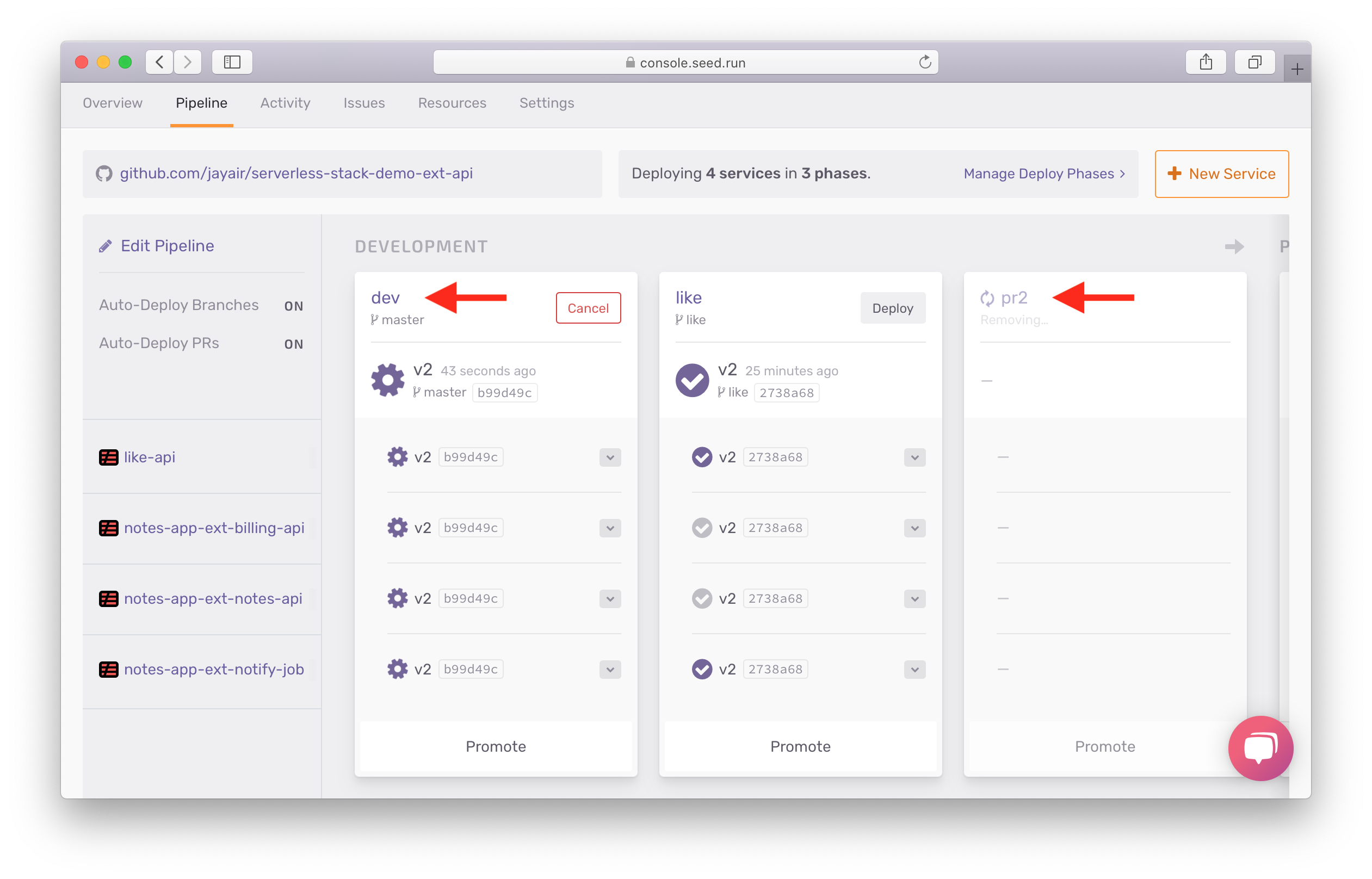 Show dev stage auto deploying