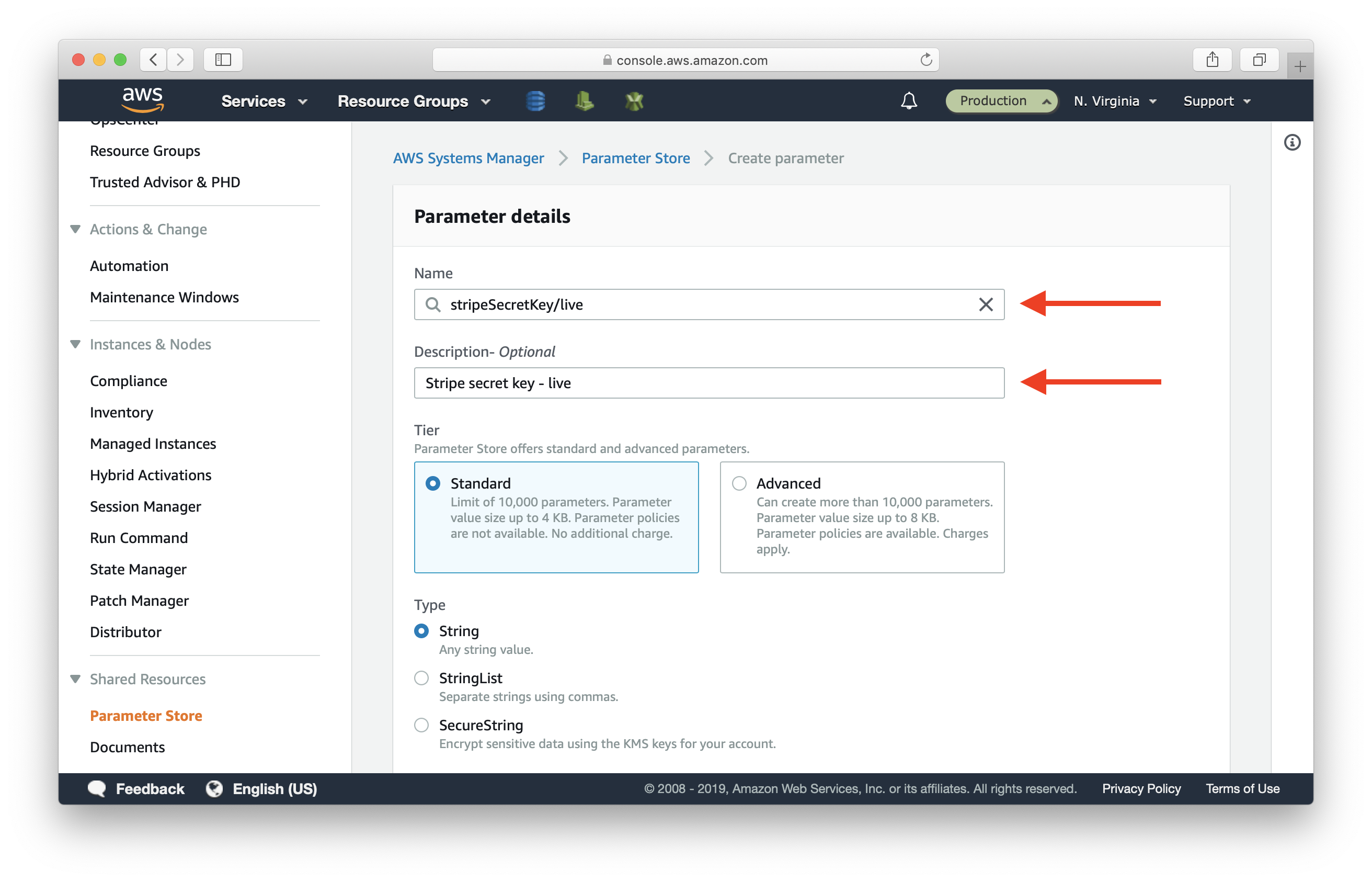 Set parameter details in Parameter Store