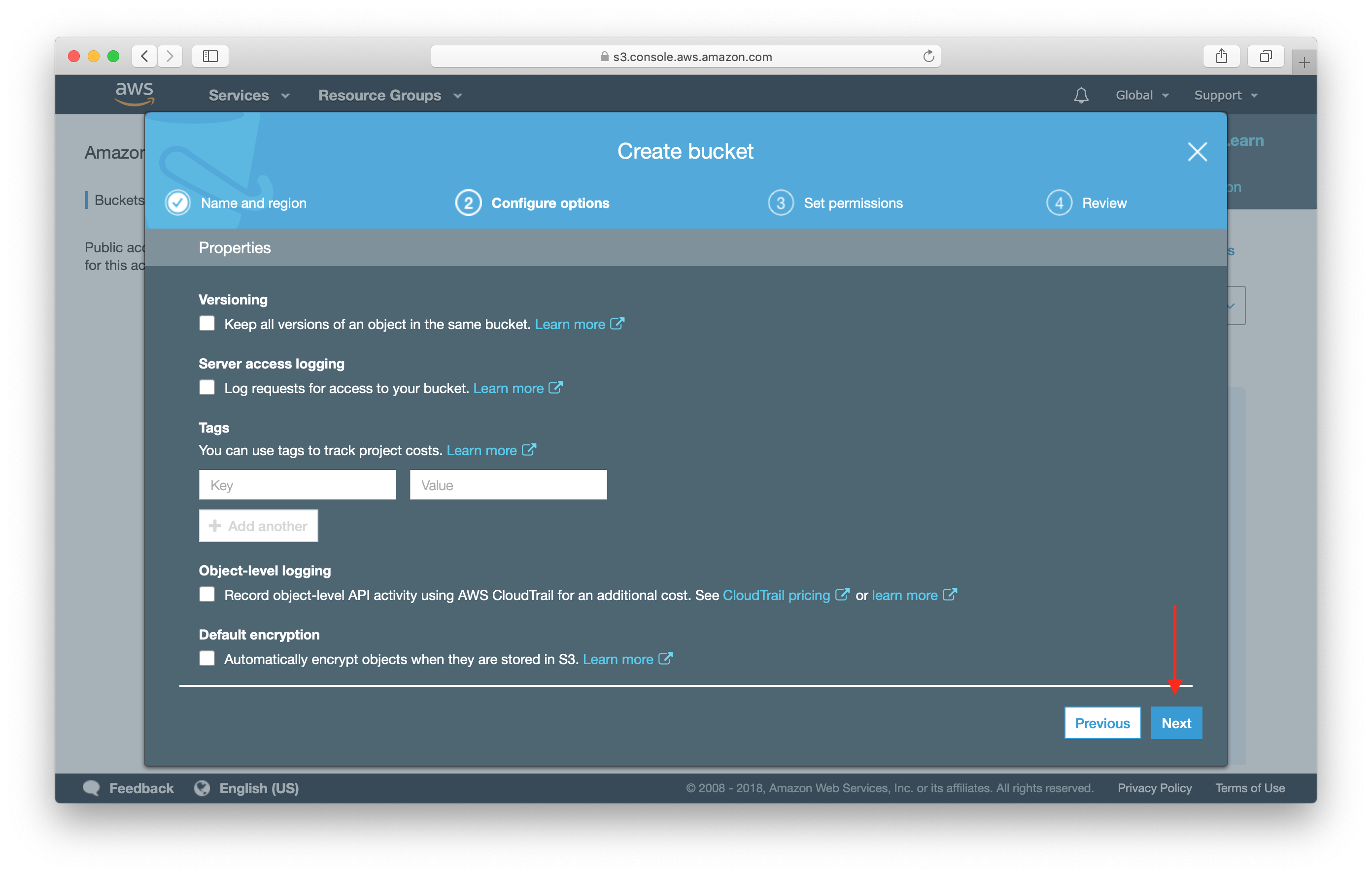 Create S3 static website Bucket next configure options screenshot