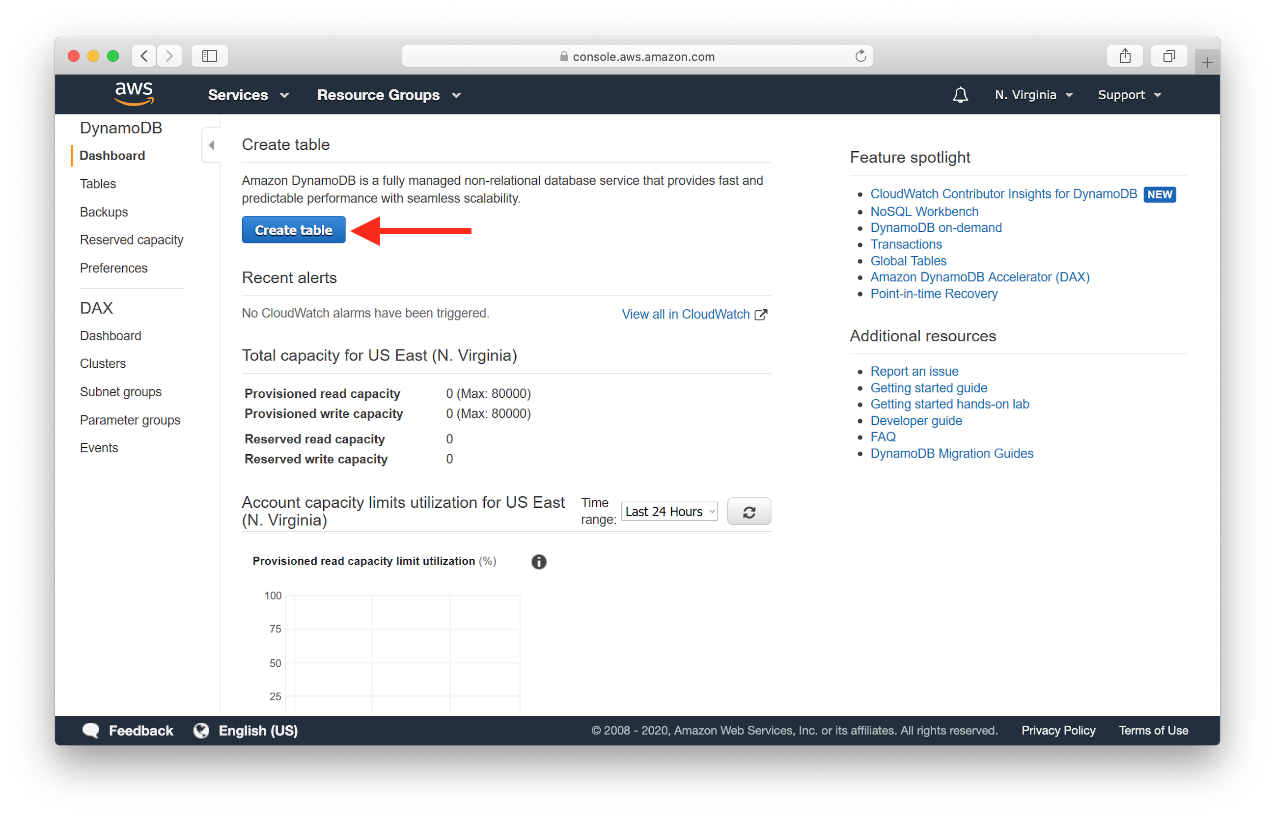 Create DynamoDB Table screenshot