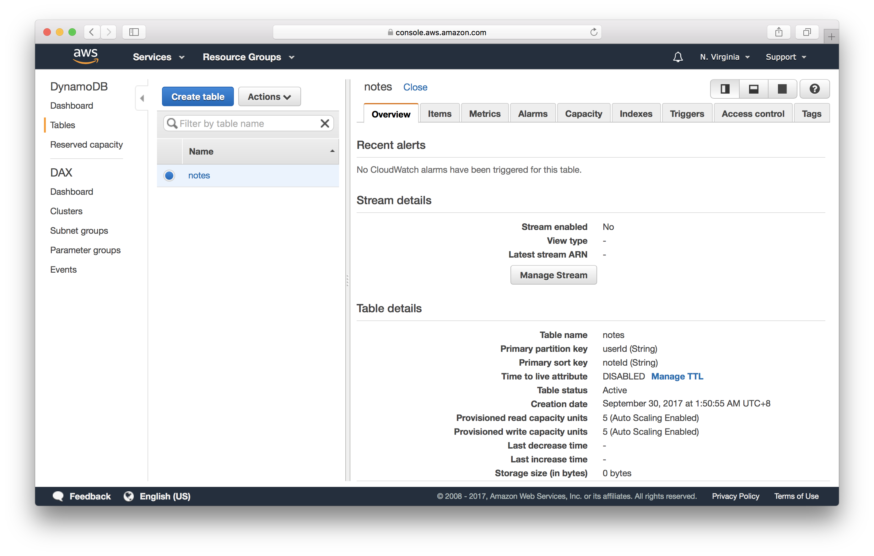 Tela de seleção de tabelas do DynamoDB