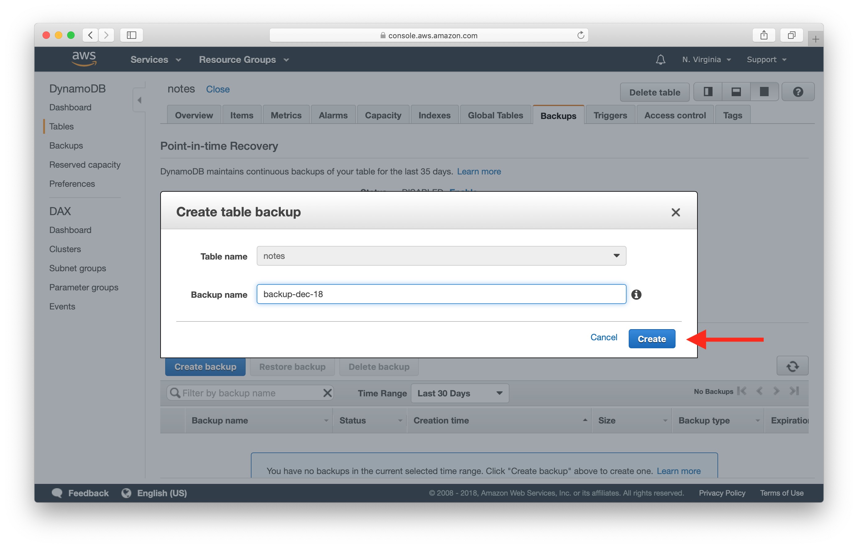 Name DynamoDB table backup screenshot