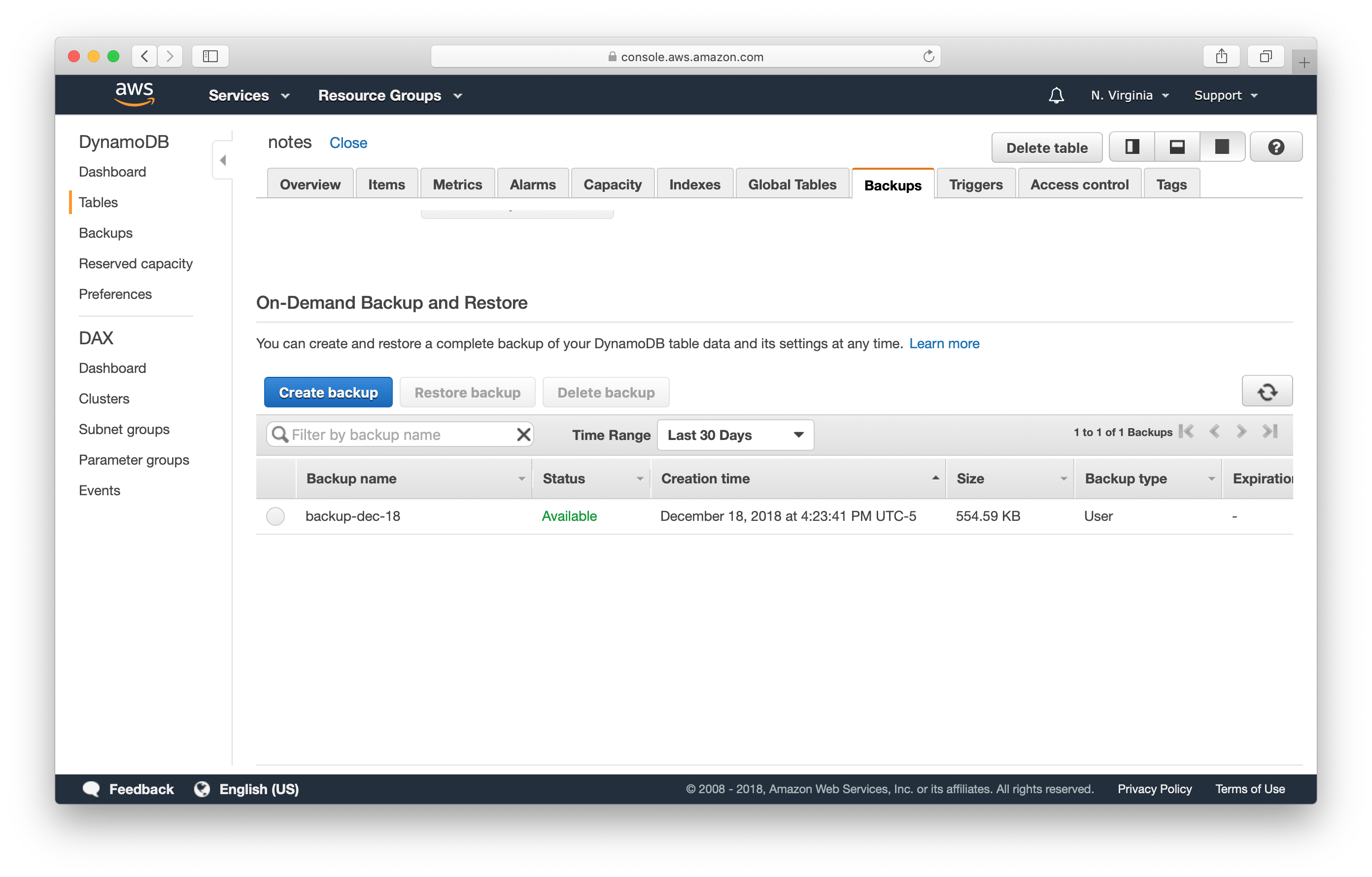 New DynamoDB table backup screenshot