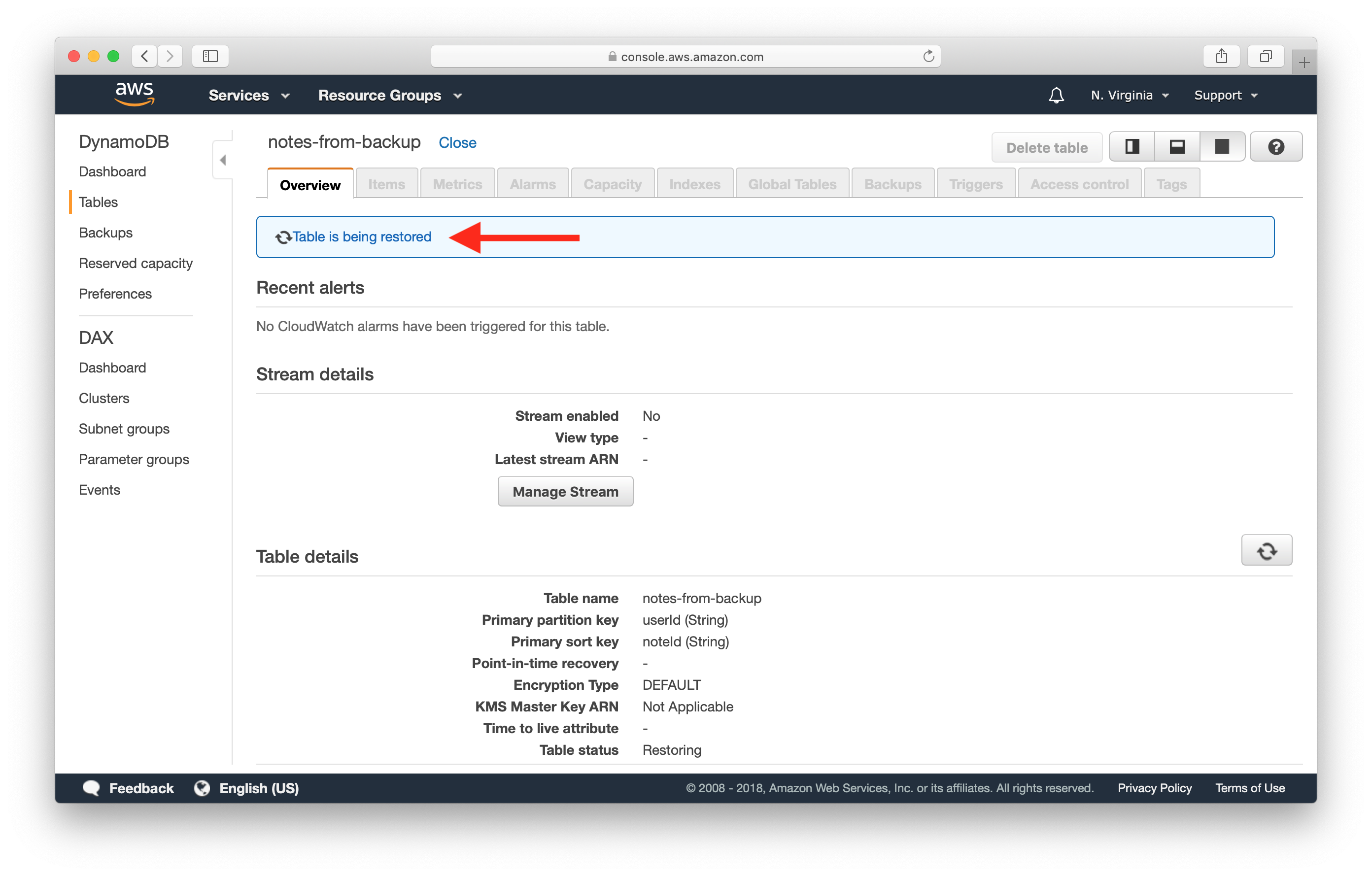 New DynamoDB table from backup screenshot