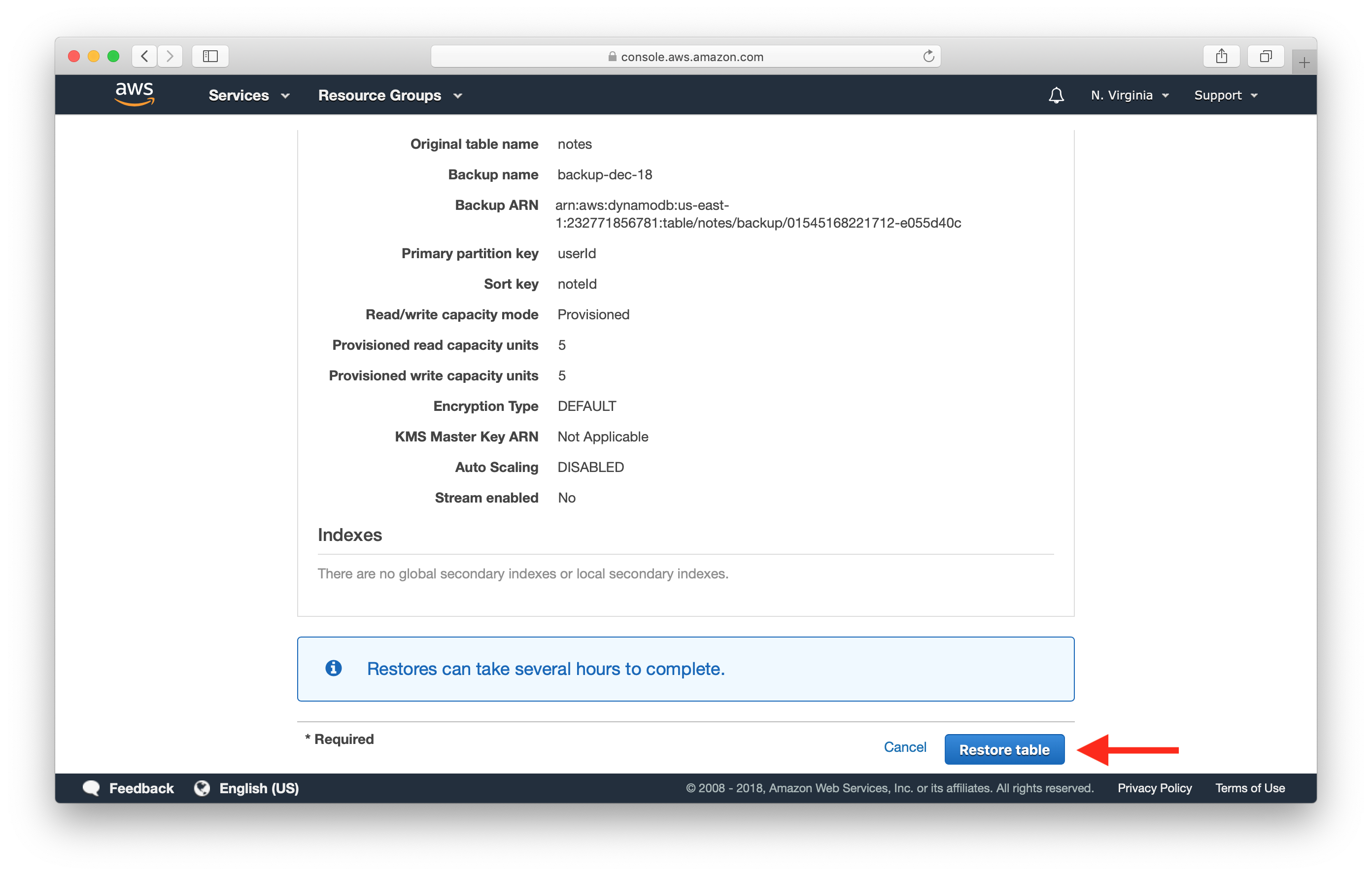 Restore DynamoDB table backup screenshot