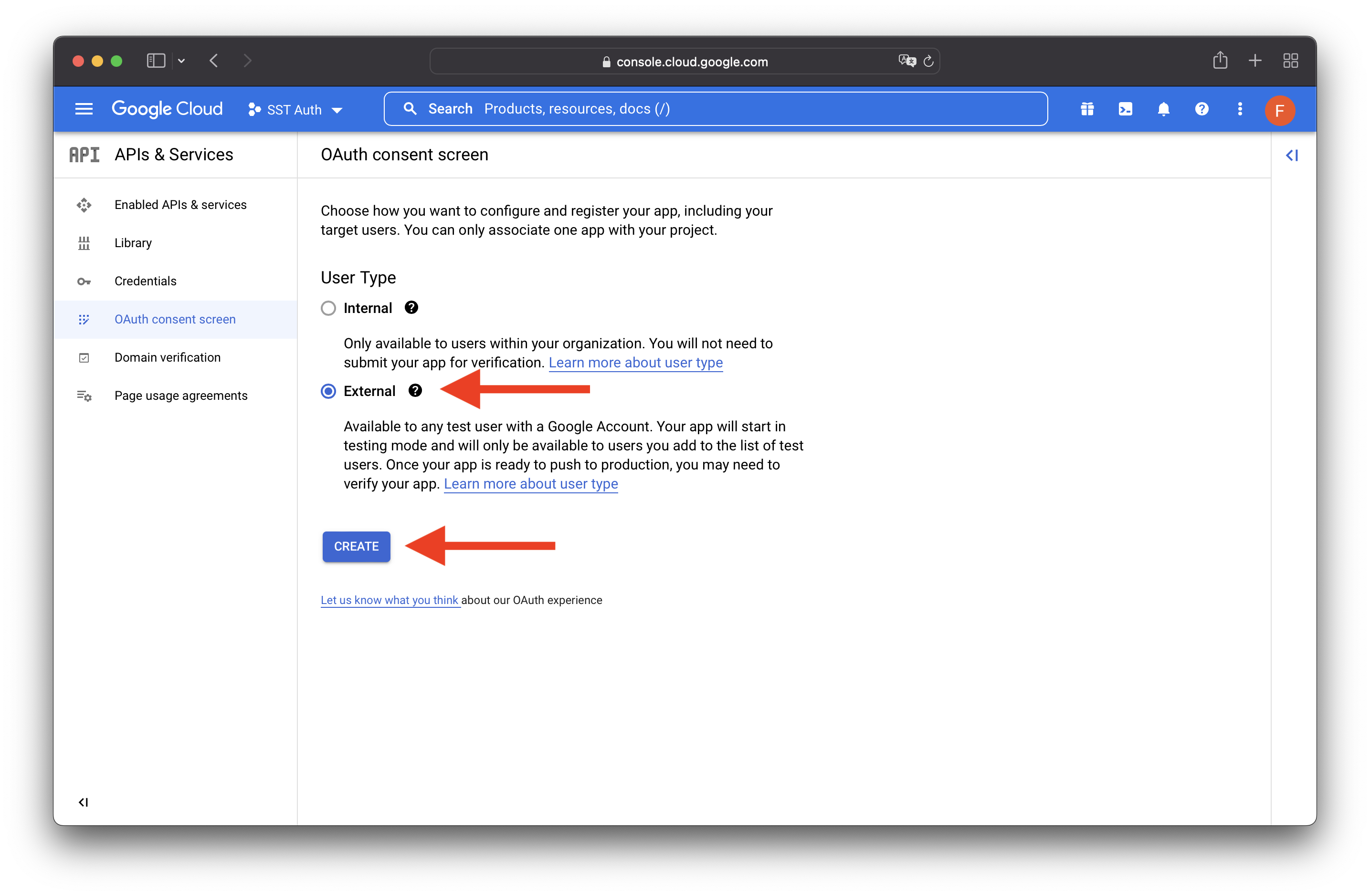 GCP Console Configure Consent Screen User Type