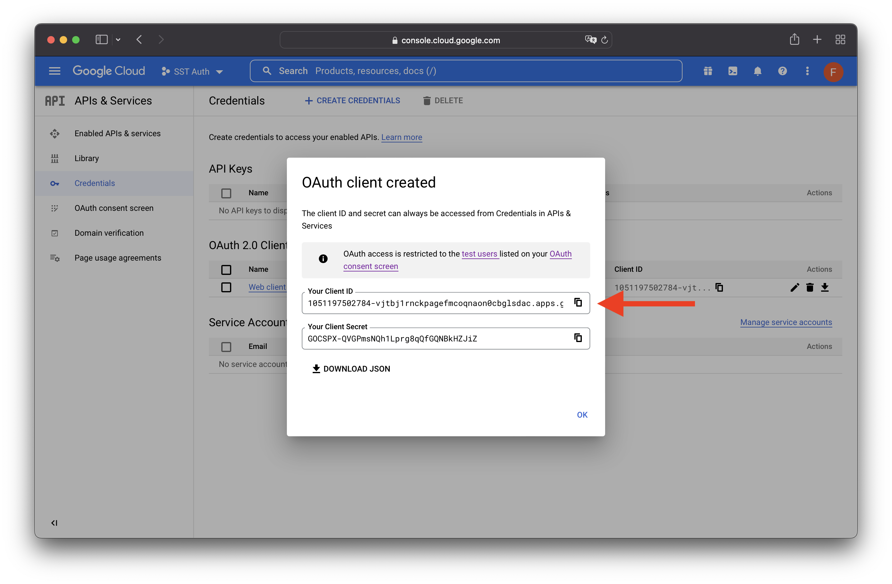 GCP Console Copy Client Credentials