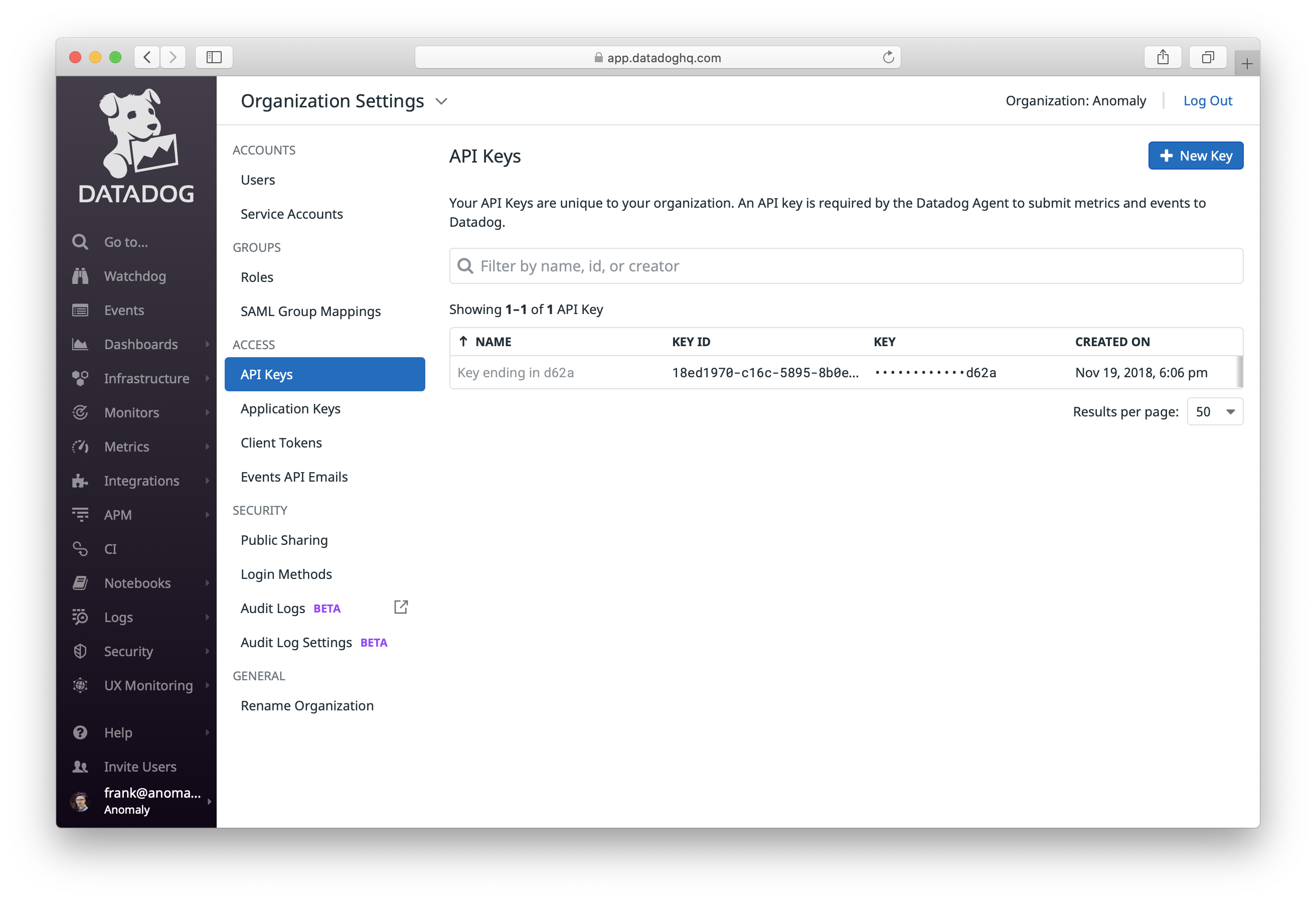 Copy Datadog API key from dashboard