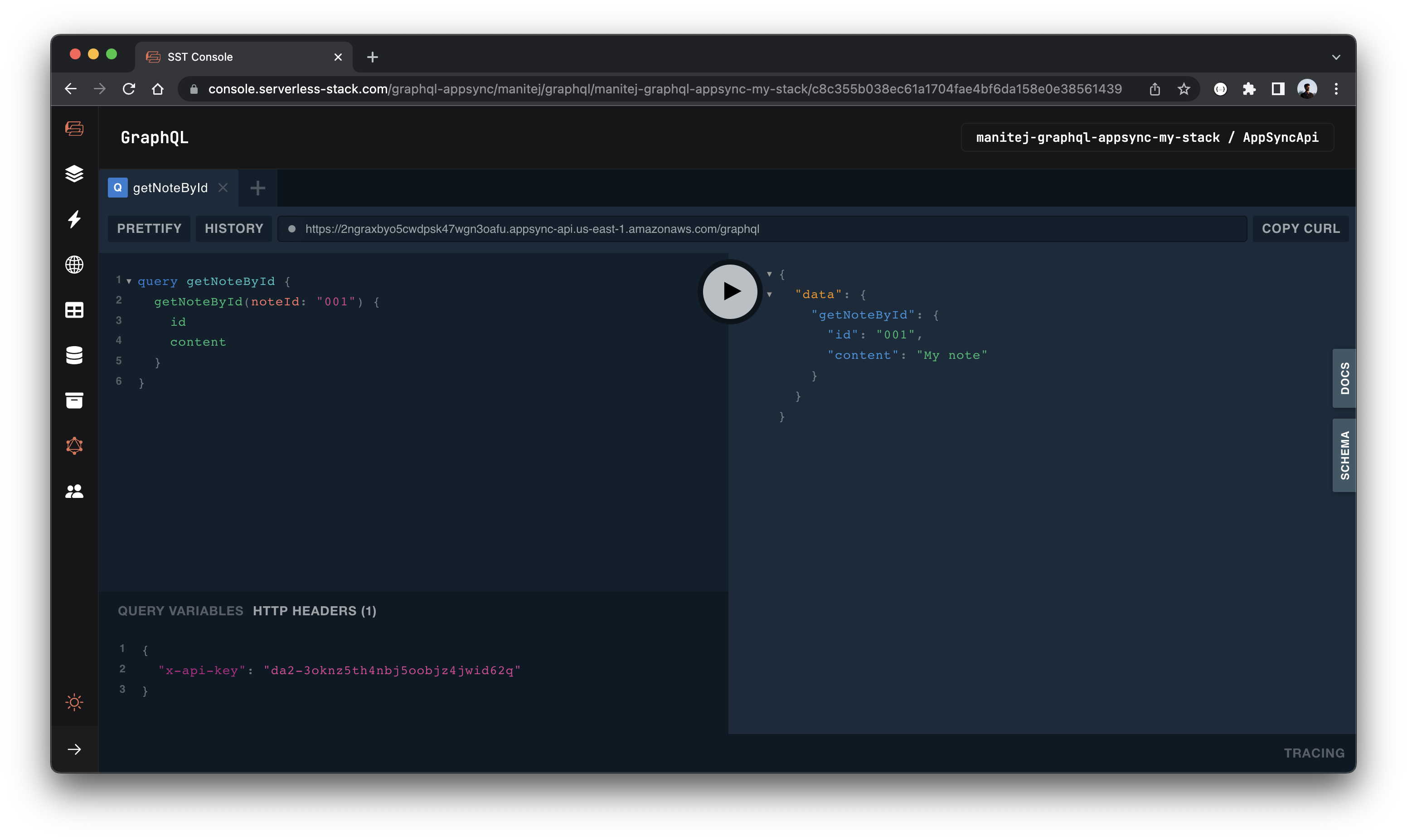 GraphQL console get note