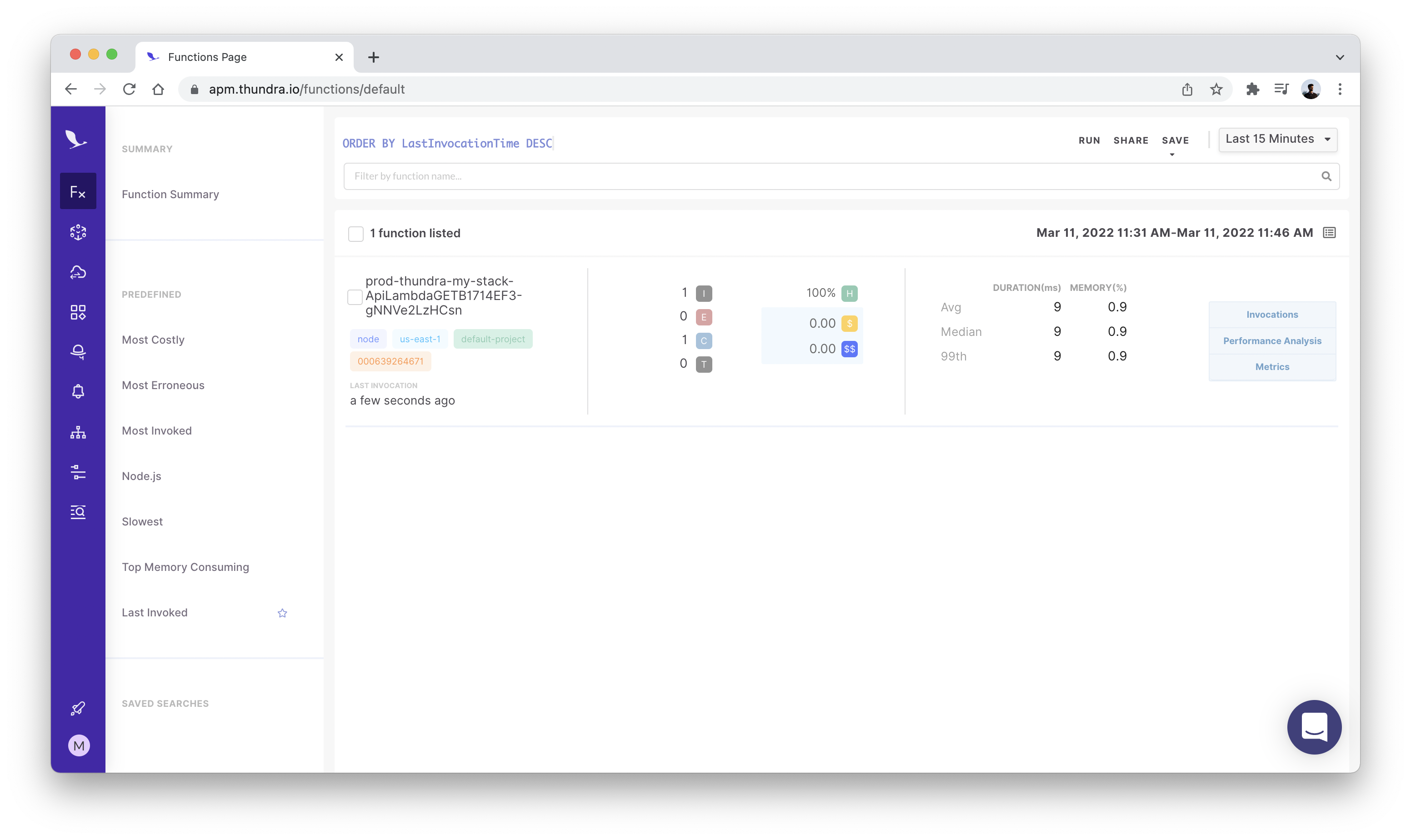 Thundra functions dashboard