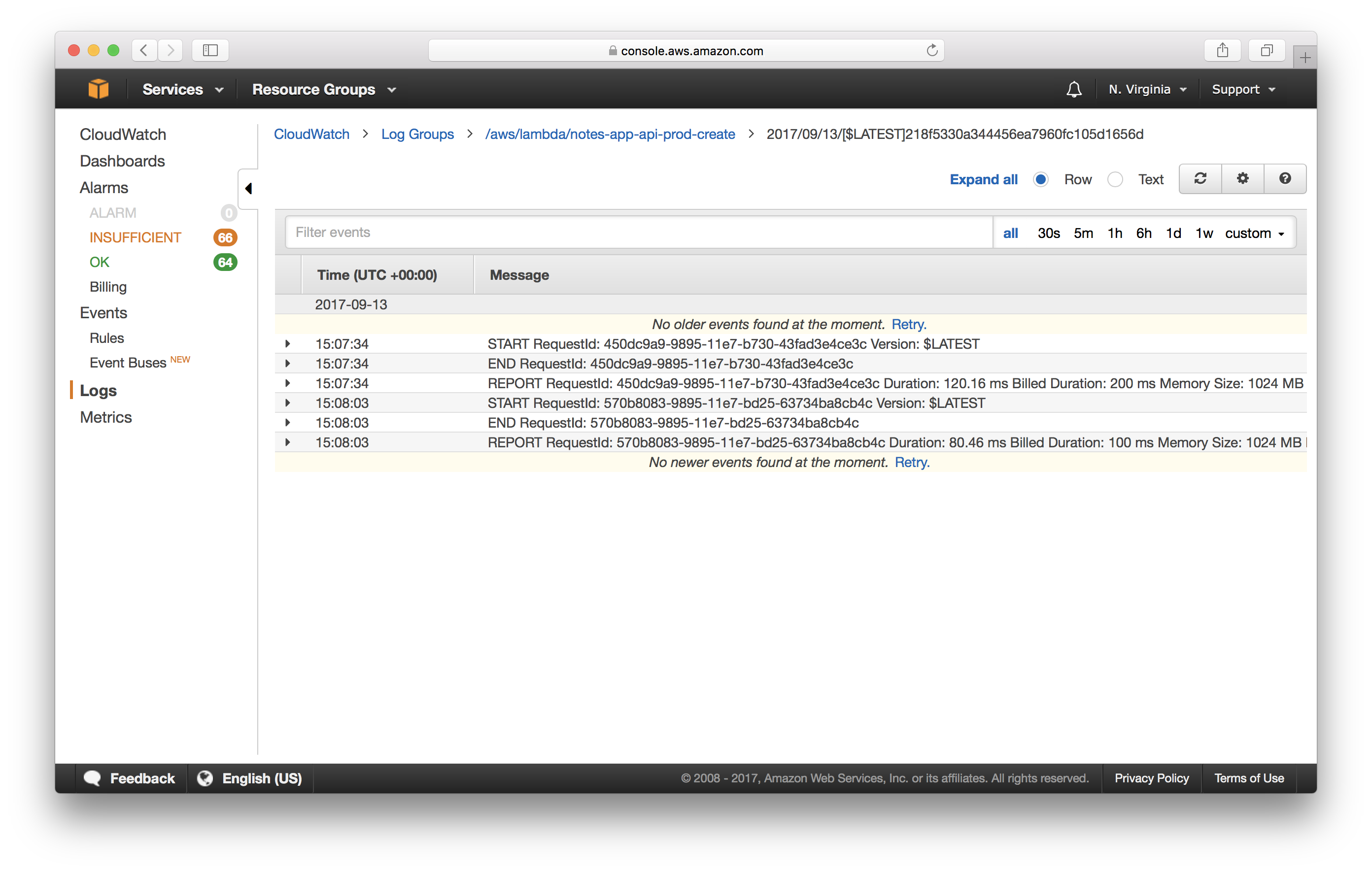 CloudWatch Lambda Log Entries Screenshot