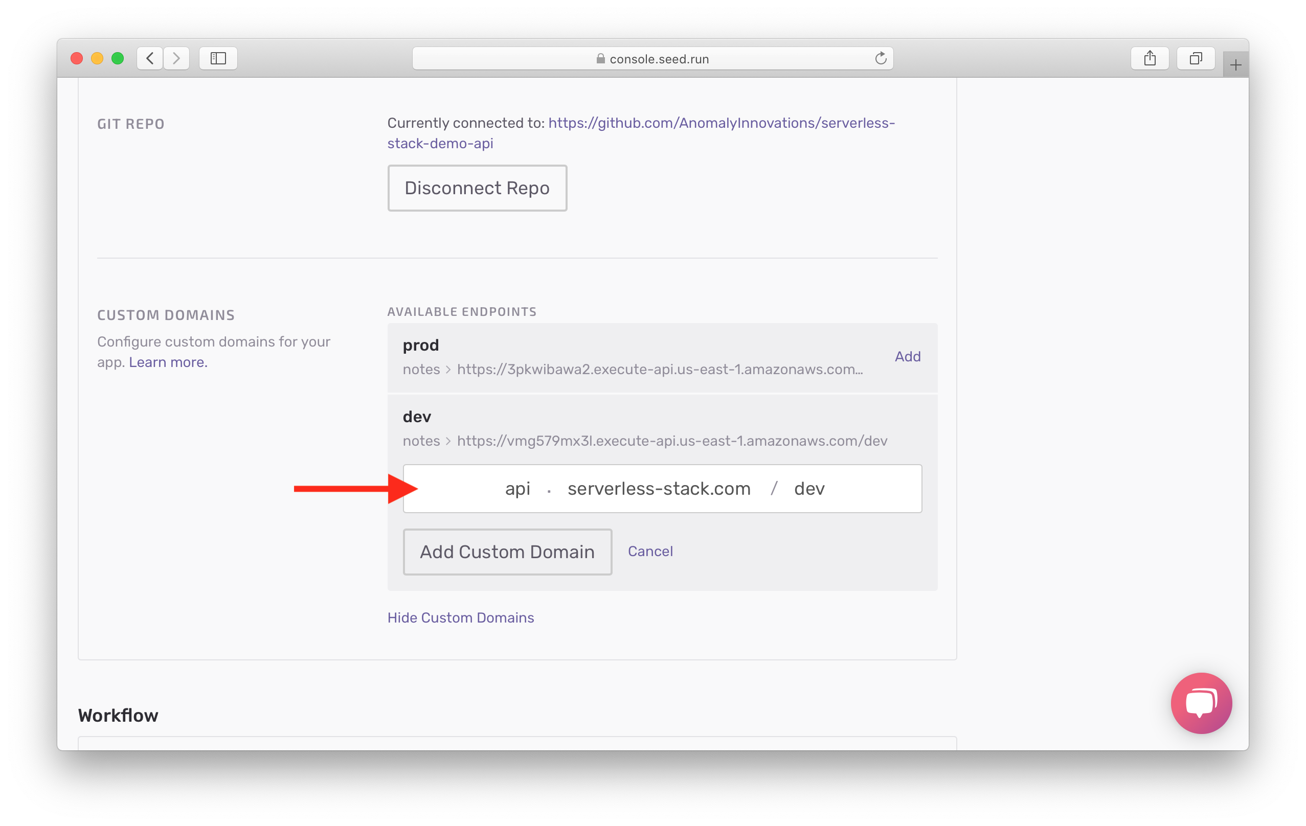 Click Add Custom Domain button for dev endpoint