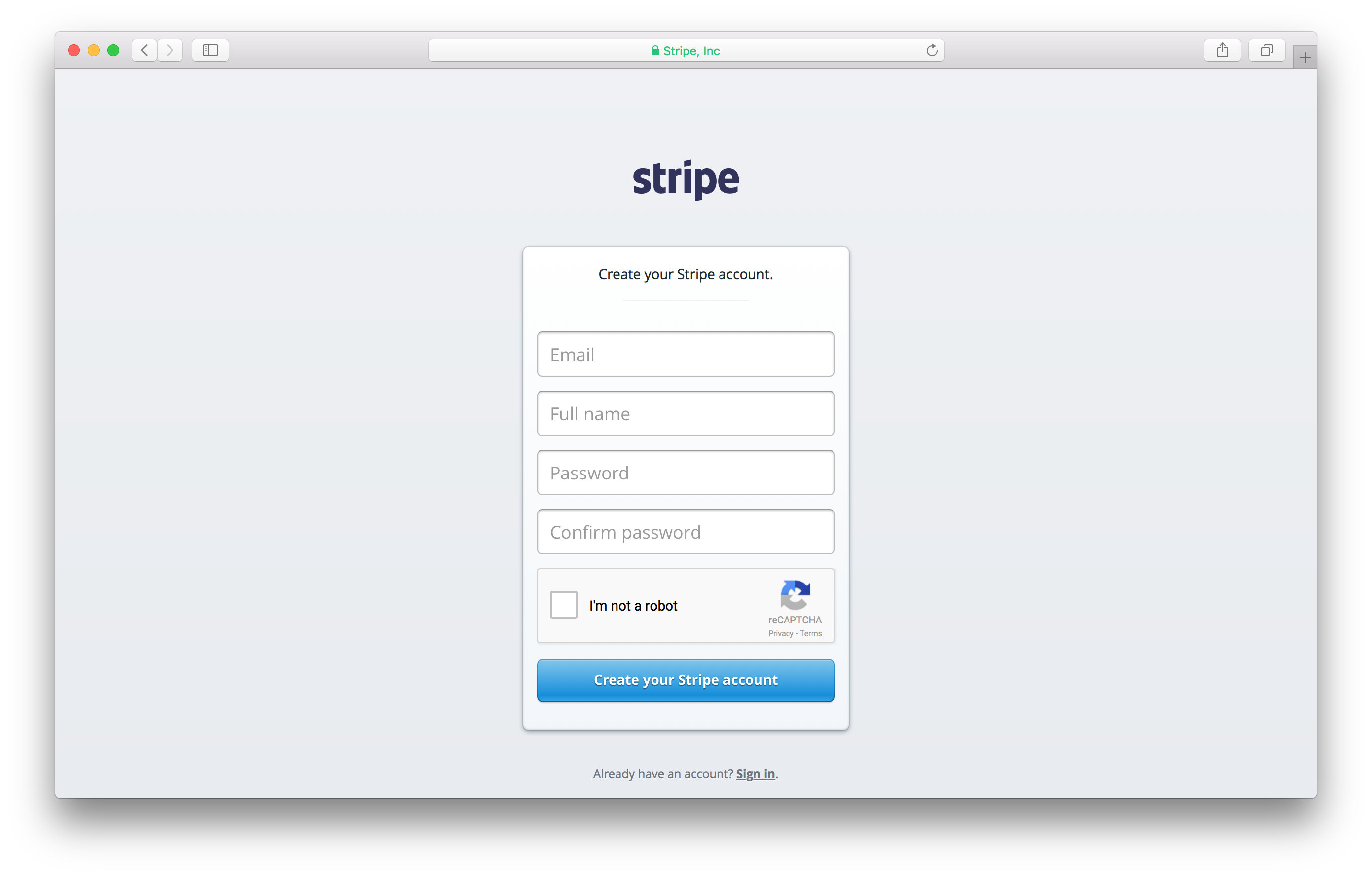 Create a Stripe account screenshot